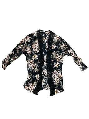 Charlotte Russe Black Floral Open Front Kimono Cardigan with Lace Trim Long Slee